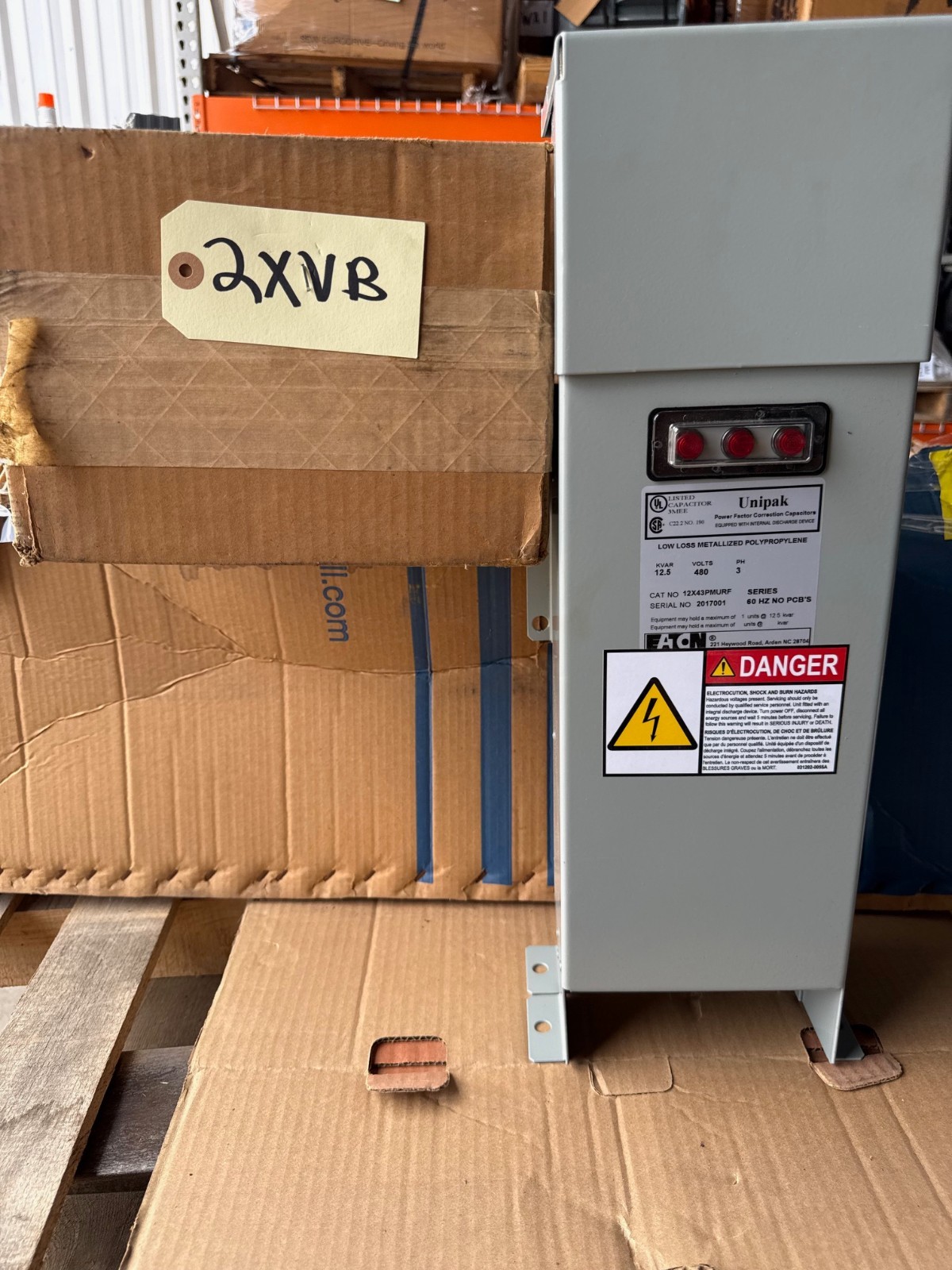 Used EATON UNIPACK FACTOR CORRECTION CAPACITOR MODEL 12X43PMURF 2XVB 60 HZ 12.5 KVAR