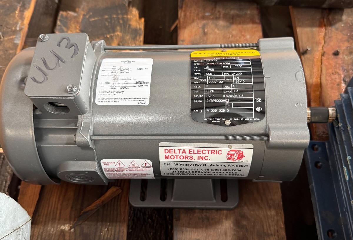 BALDOR DC MOTOR UU3 1/2 HP CD3451 1750 RPM 180 VDC 2.6/.25/.5AMP 3 PH FR 56C