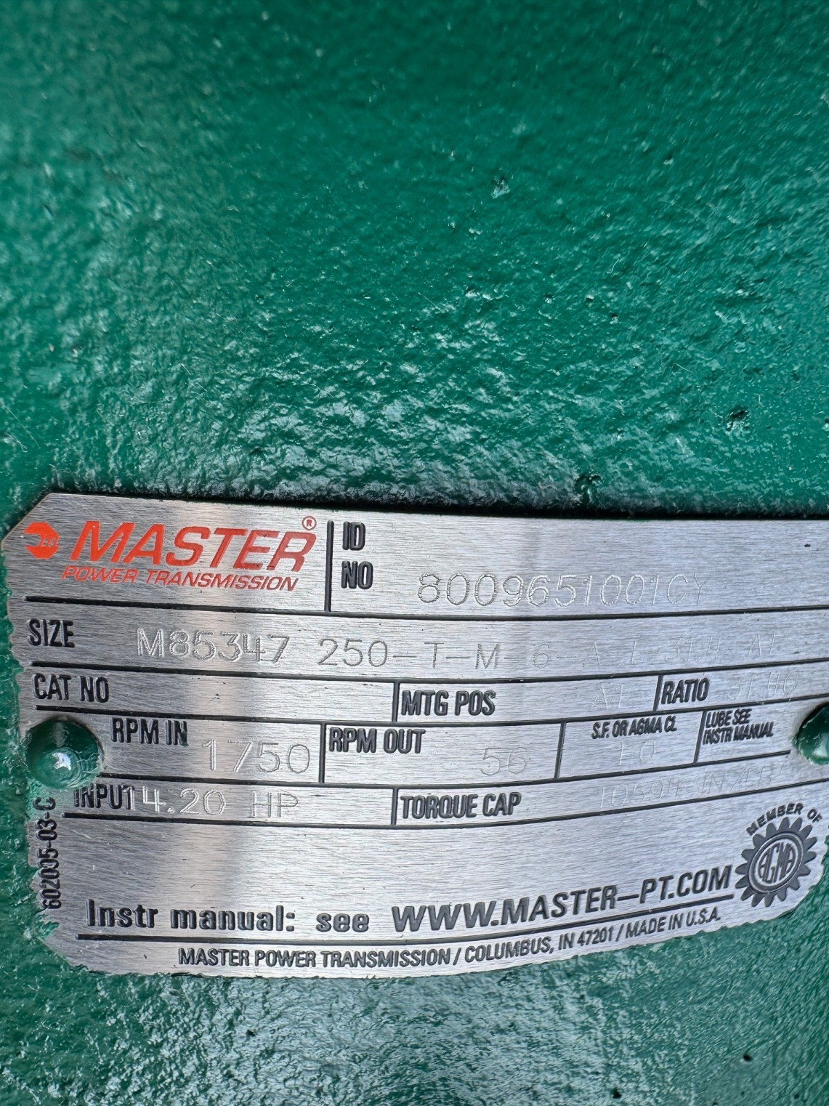 MASTER POWER TRANSMISSION GEAR REDUCER XA16 M85347 250-T-M-6-A-L/31.4-AL 1750/56