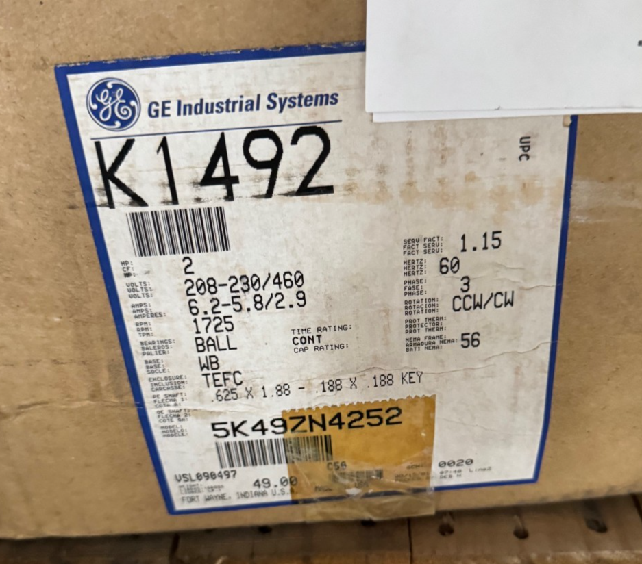 GE 11/2 HP MOTOR AD4B K2083 5KE49UN8285 1725/1425 RPM 208/230/460 V 4.6-4.4/2.2