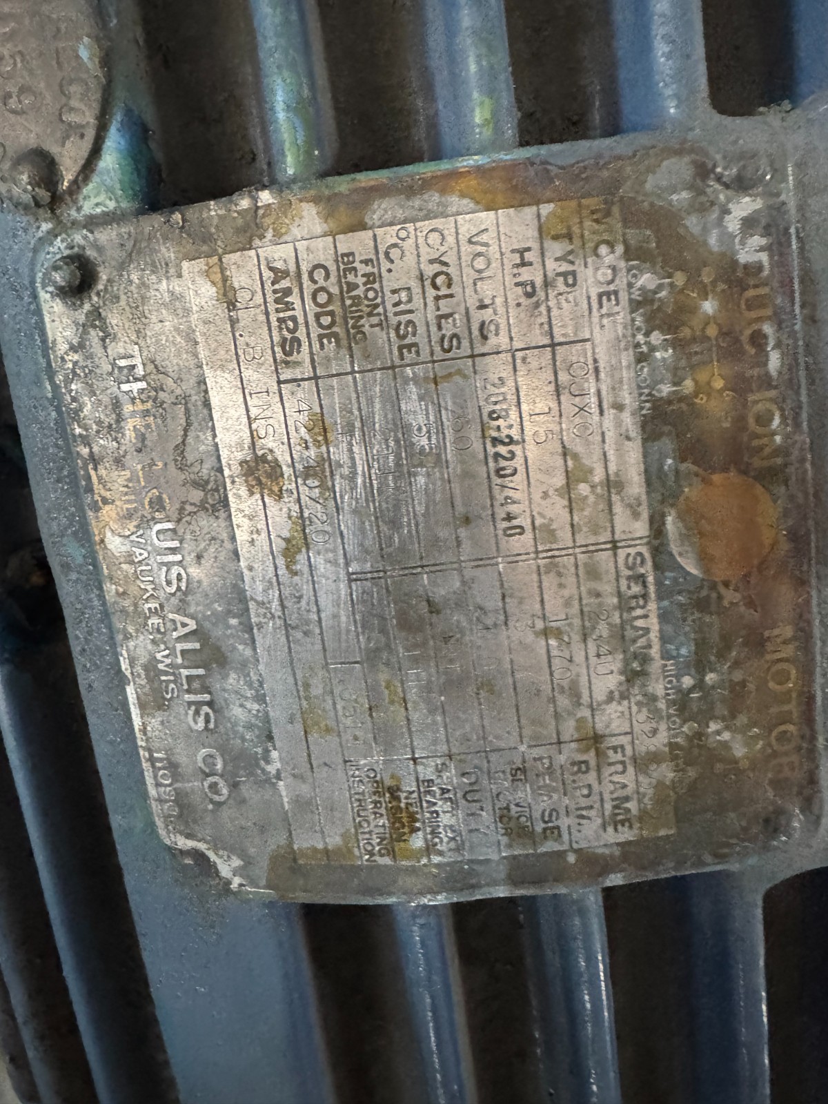 LOUIS ALLIS MOTOR X 15 HP MODEL CJXC 1770 RPM 208-220/440 V 3 PH 42/20AMP F 284U