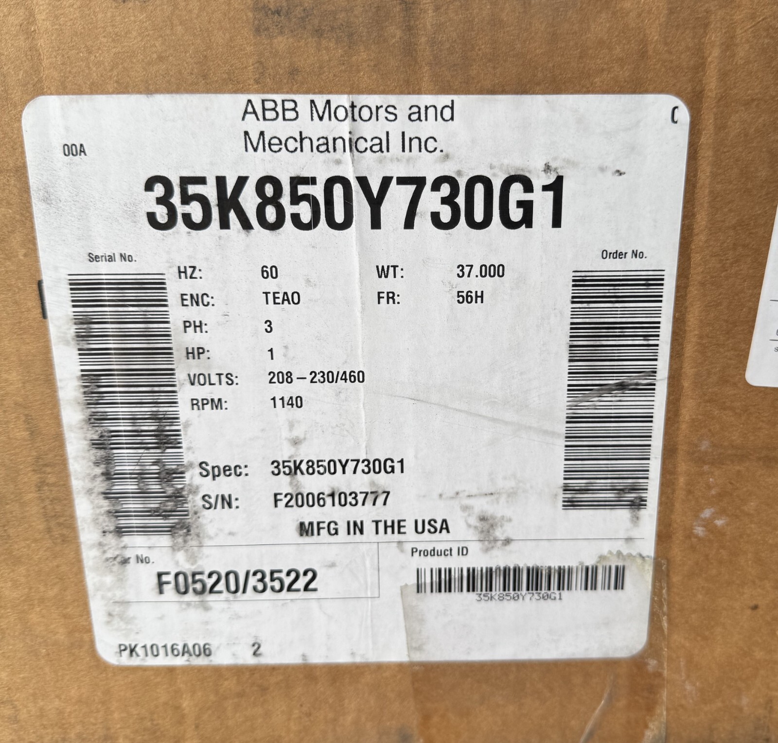 ABB BALDOR MOTOR C1  1 HP MO 35K850Y730G1 1140RPM 208-230/460 V  1 PH AMP FR 56H