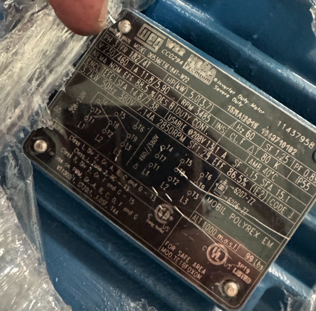 WEG MOTOR M12 5HP MODEL 00536ET3E184T-W22 3485 RPM 230/460 V 11.8/5.9  AMP 3PH 1
