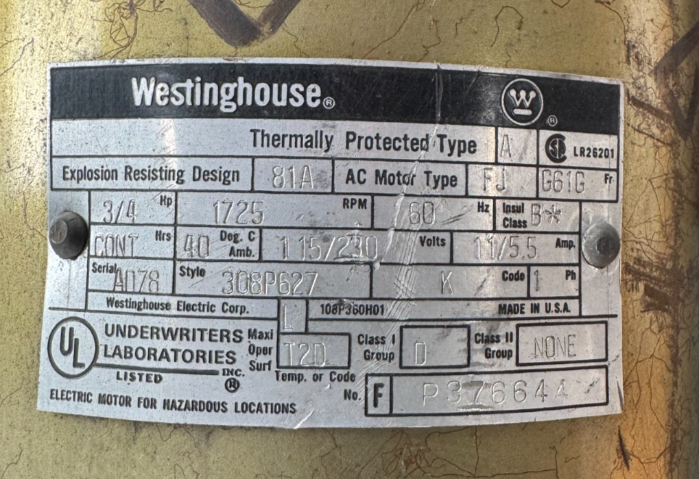 WESTINGHOUSE MOTOR 3/4 HP 1725 RPM DD4 115/230 V 1 PH 11/55 AMP FR G61G