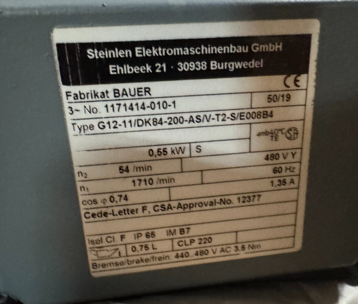 Bauer Gear Motor R1 R2 G12-11/DK84-200-AS/V-T2-S/E008B4 440/480 V 1.35 AMP