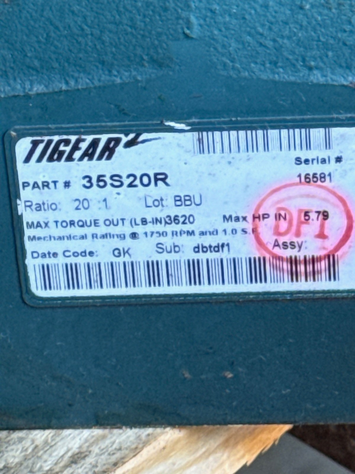 TIGEAR GEAR REDUCER 1XTG 1XSI 1XSF MODEL 35S20R 1750 RPM 5.79 HP RATIO 20 TO 1