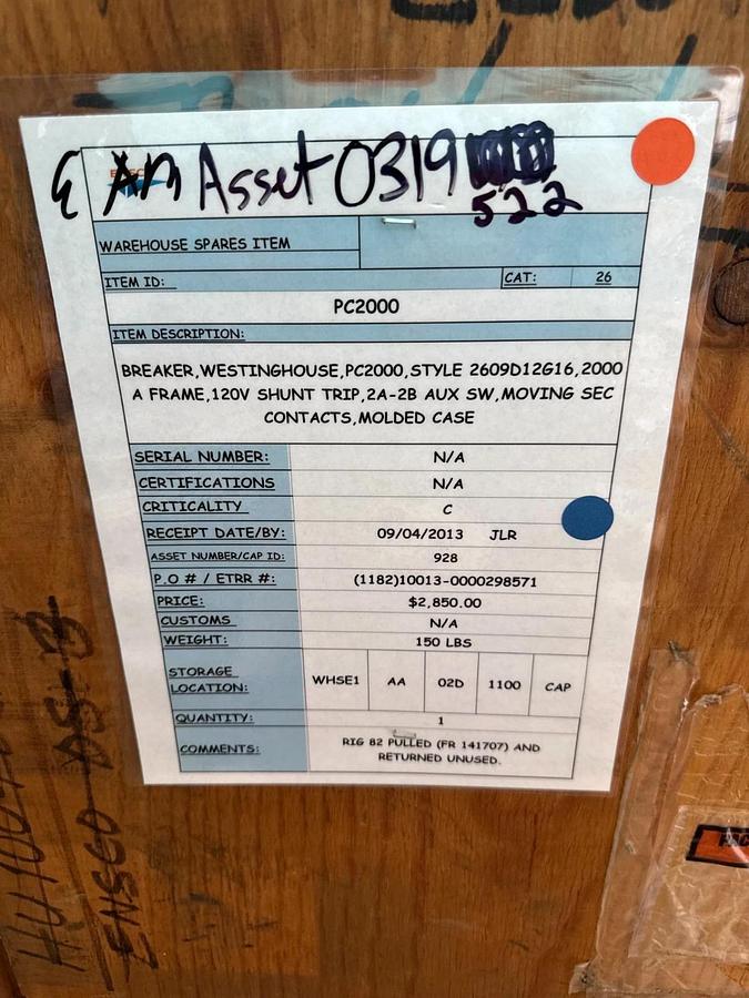 Refurbished WESTINGHOUSE 2000 AMP BREAKER MODEL PC2000 STYLE 2609D12G16 2000 AMP PLUG 2YV8