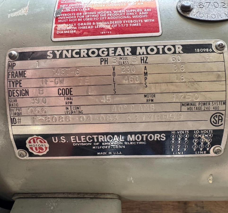 US ELECTRIC MOTORS GEAR MOTOR VV8 MOD TF-GWTE K314R059 1 HP RPM 1750 IN 45 OUT