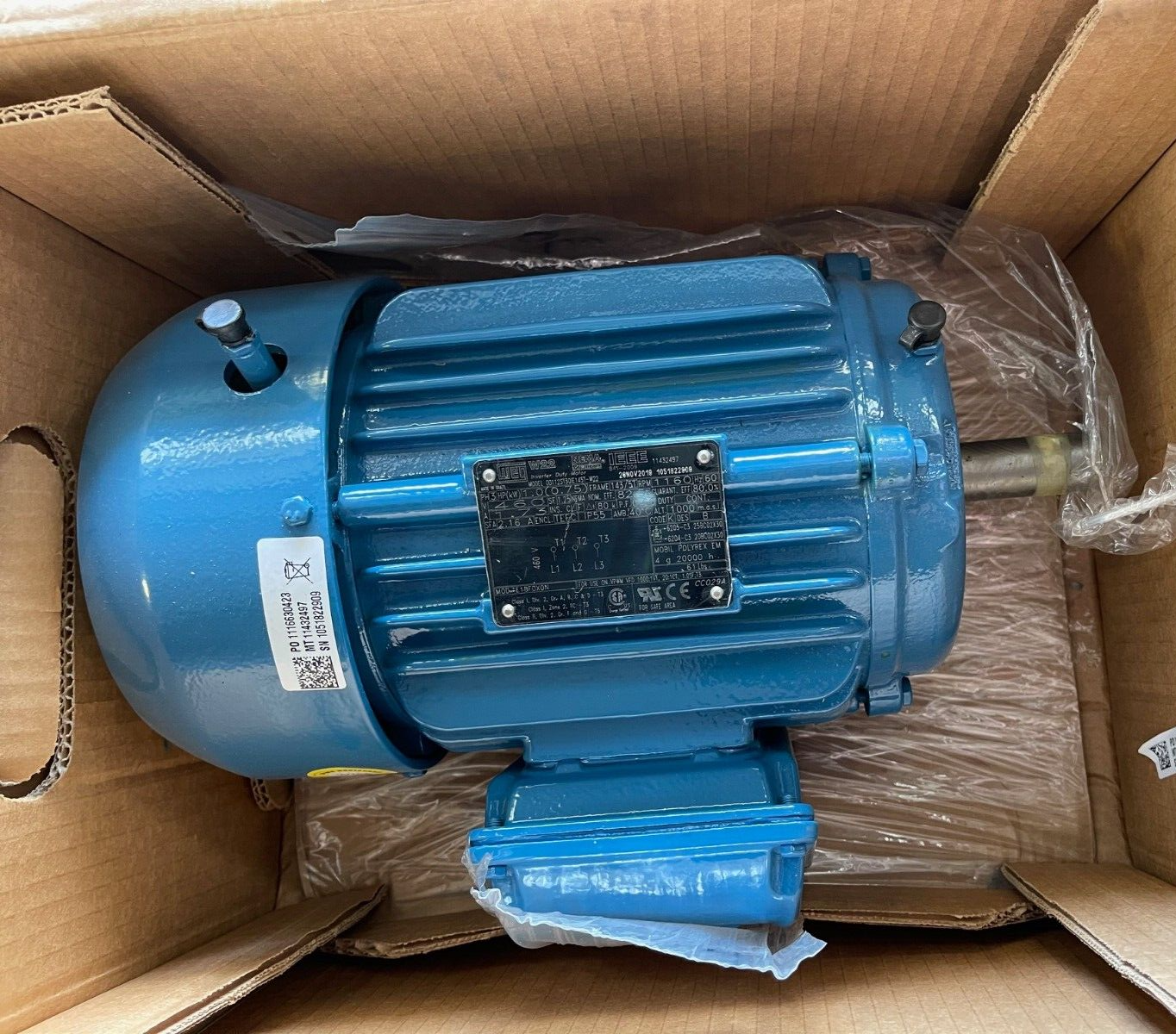 WEG 1 HP MOTOR 1170 RPM 460 V FRAME 145T 00112ST3QIE145T-W22