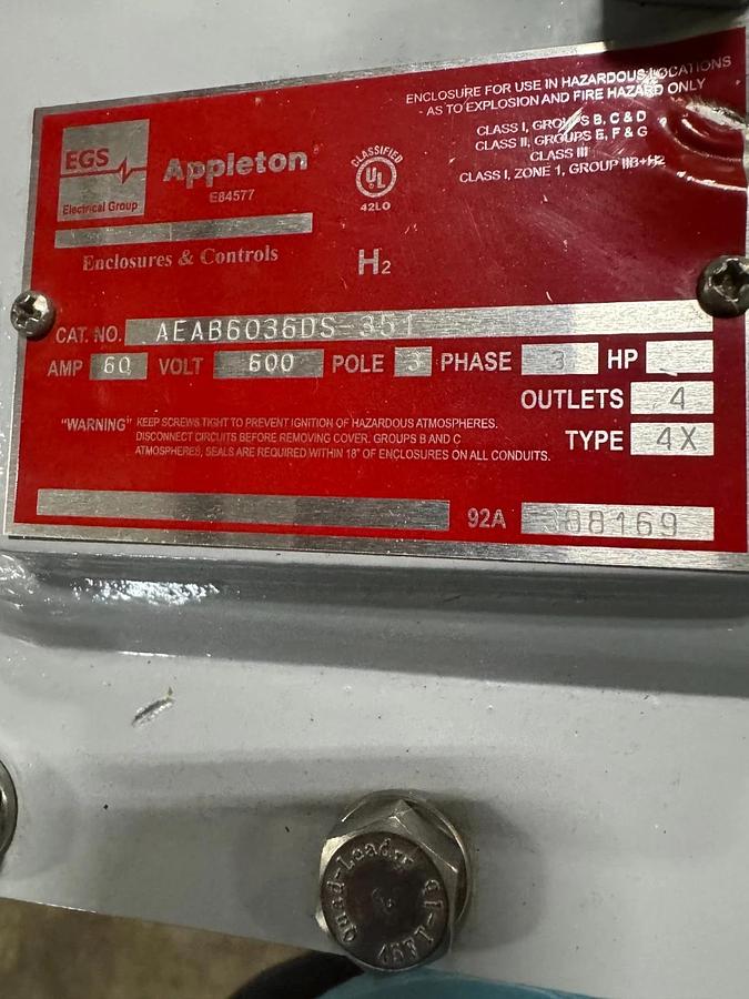 APPLETON EGS EXPLOSION PROOF BREAKER V56 V65 60 AMP 600 V 3 POLE 3 PH AEAB6036DS