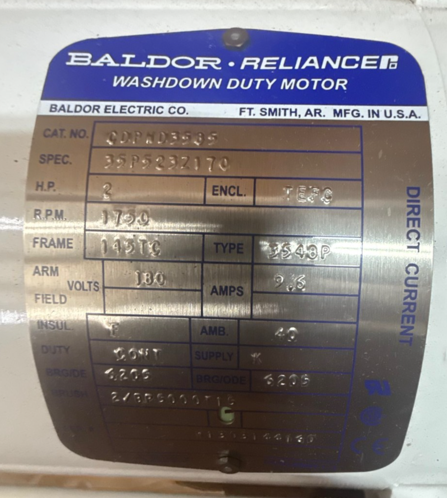 BALDOR 2 HP DC WASH DOWN DUTY MOTOR XA21A CDPWD3585 1750 RPM 180 V 9.6 AMP FRAM