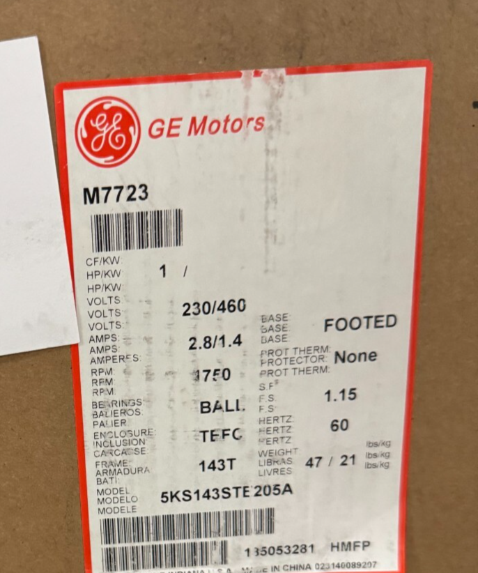 GE MOTOR N2 1 HP  5KS143STE205A 1750 RPM 208-230/460 V 2.8 1.4 AMP 3 PH  FR 143T