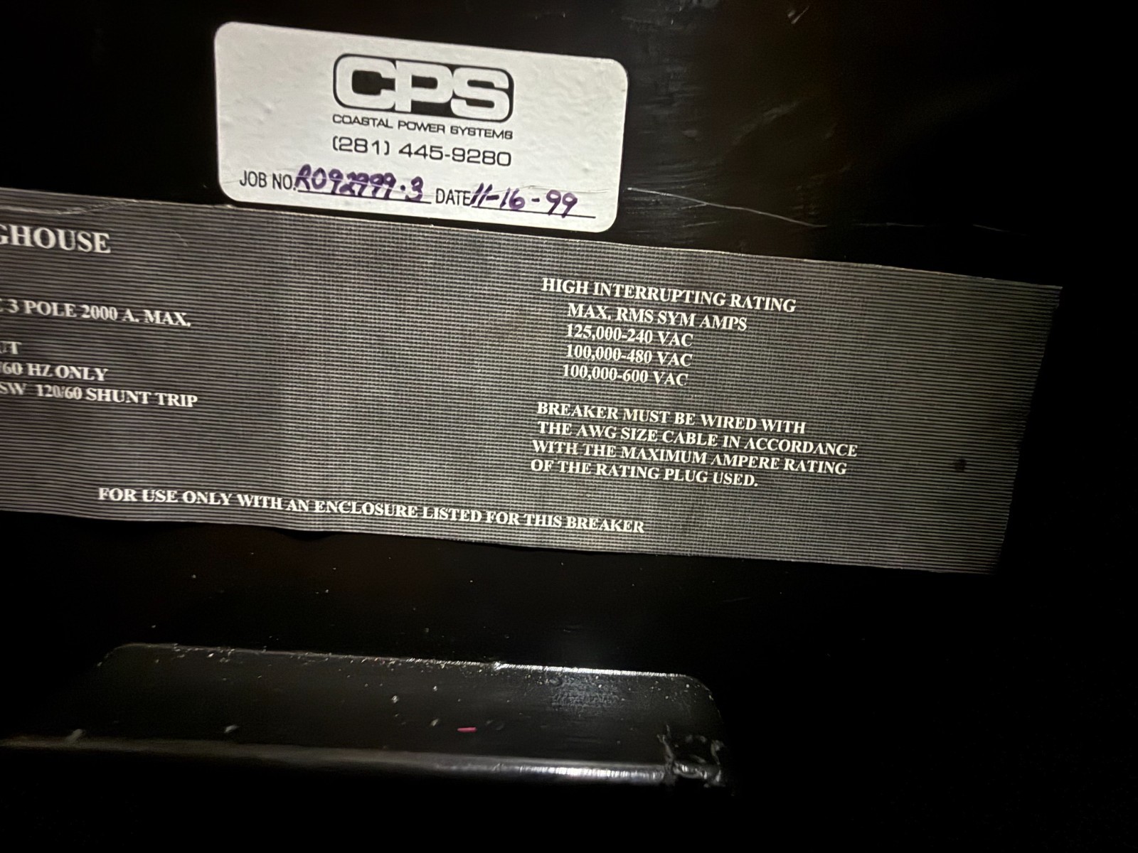 Refurbished Westinghouse 2000 AMP BREAKER PC32000FCSN 2YV5 600 3 POLE V 60 HZ 2KA PC 2000