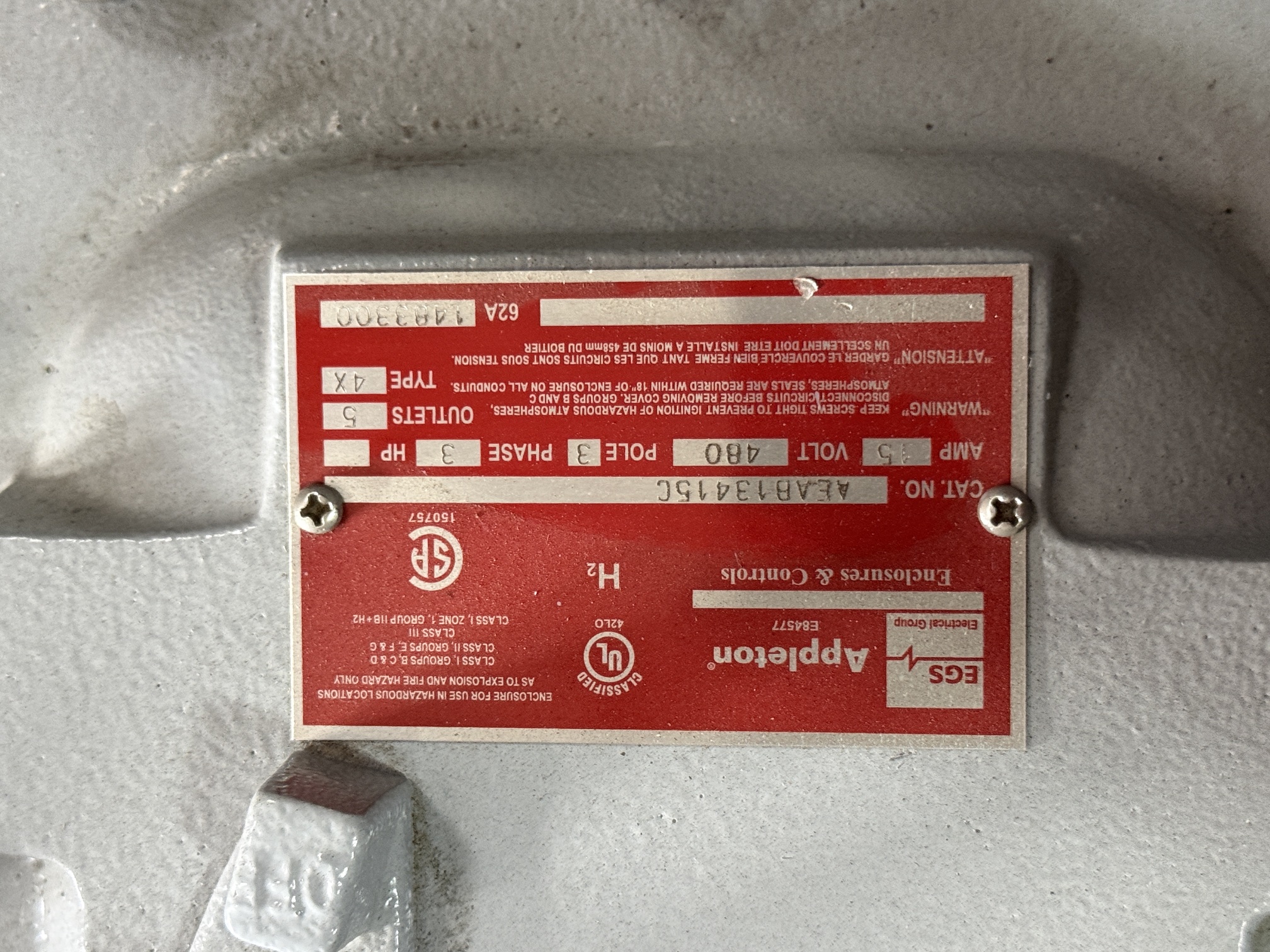 APPLETON EGS EXPLOSION PROOF BREAKER V62 15 AMP 600 V 3 POLE 3 PH AEAB13415C