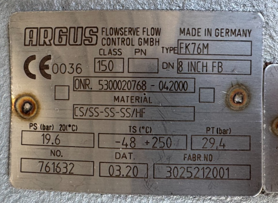 Used ARGUS 8" 150 RF FP BALL VALVE FK76M V2 W LIMITORQUE ACTUATOR LPS-15A-385B-F03-3
