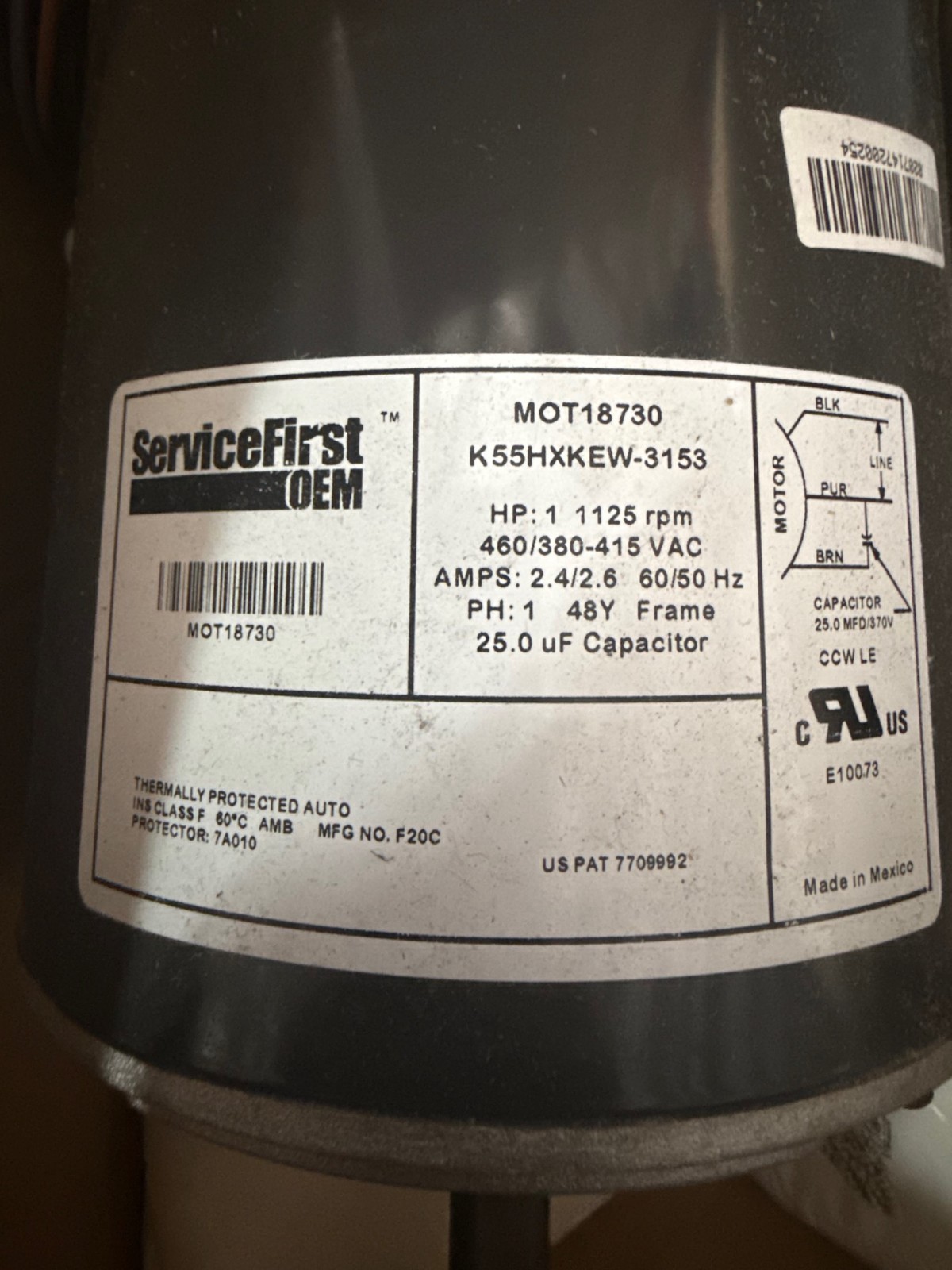 MARATHON Motor 1 HP MODEL MOT18730 XA3 1125 RPM 460/380-415 V AMP 2.4/2.6