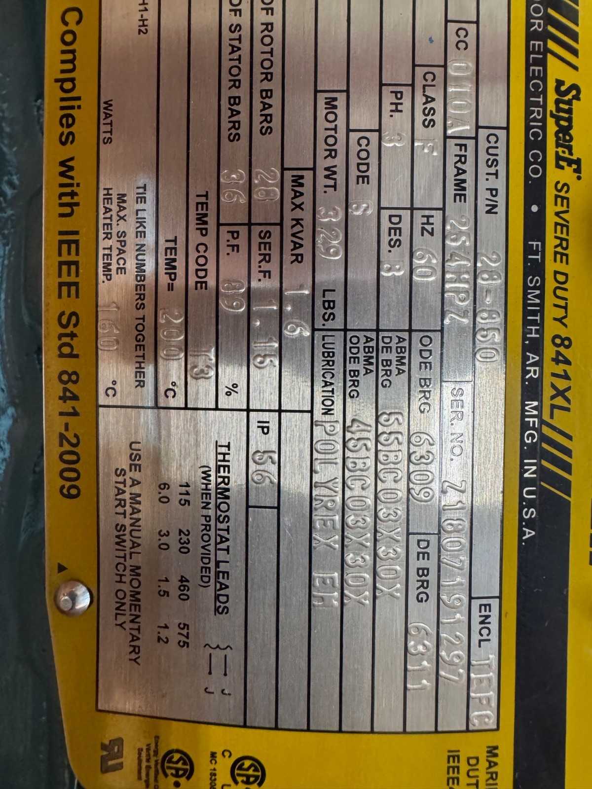 BALDOR SUPER E MOTOR XA9 15 HP MODEL M01AA02 3520 RPM 460 V 3 PH 17 AMP FR 254HP