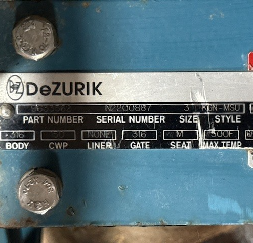Used DEZURICK 3" 150 LB LUG KNIFE GATE VALVE MODEL KGN-MSU MC 9633562 316SS BODY DISC