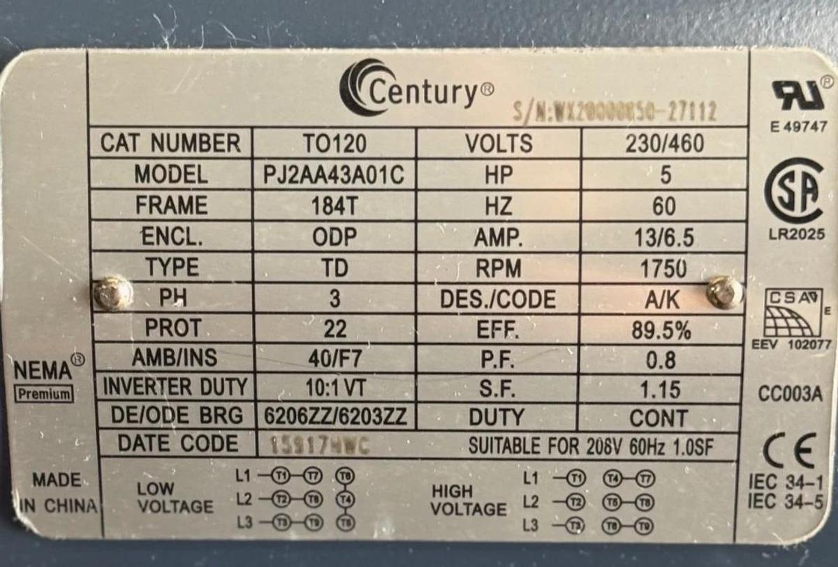 CENTRY Motor 5 HP MODEL PJ2AA43A  ZT4 1750 RPM 230/460 V 13/6.5 AMP 3 PH FR