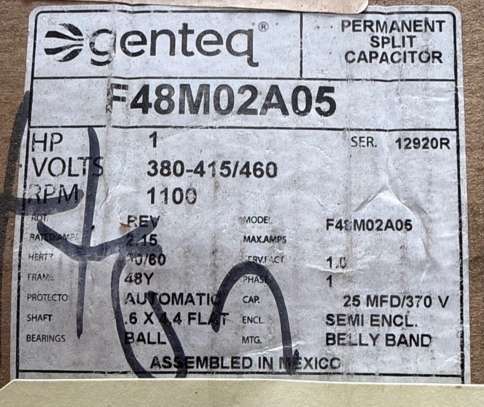 Used GENTEC 1 HP MOTOR XFA6 MODEL F48M02A05 1100 RPM 380-415/460 V 2.15 AMP