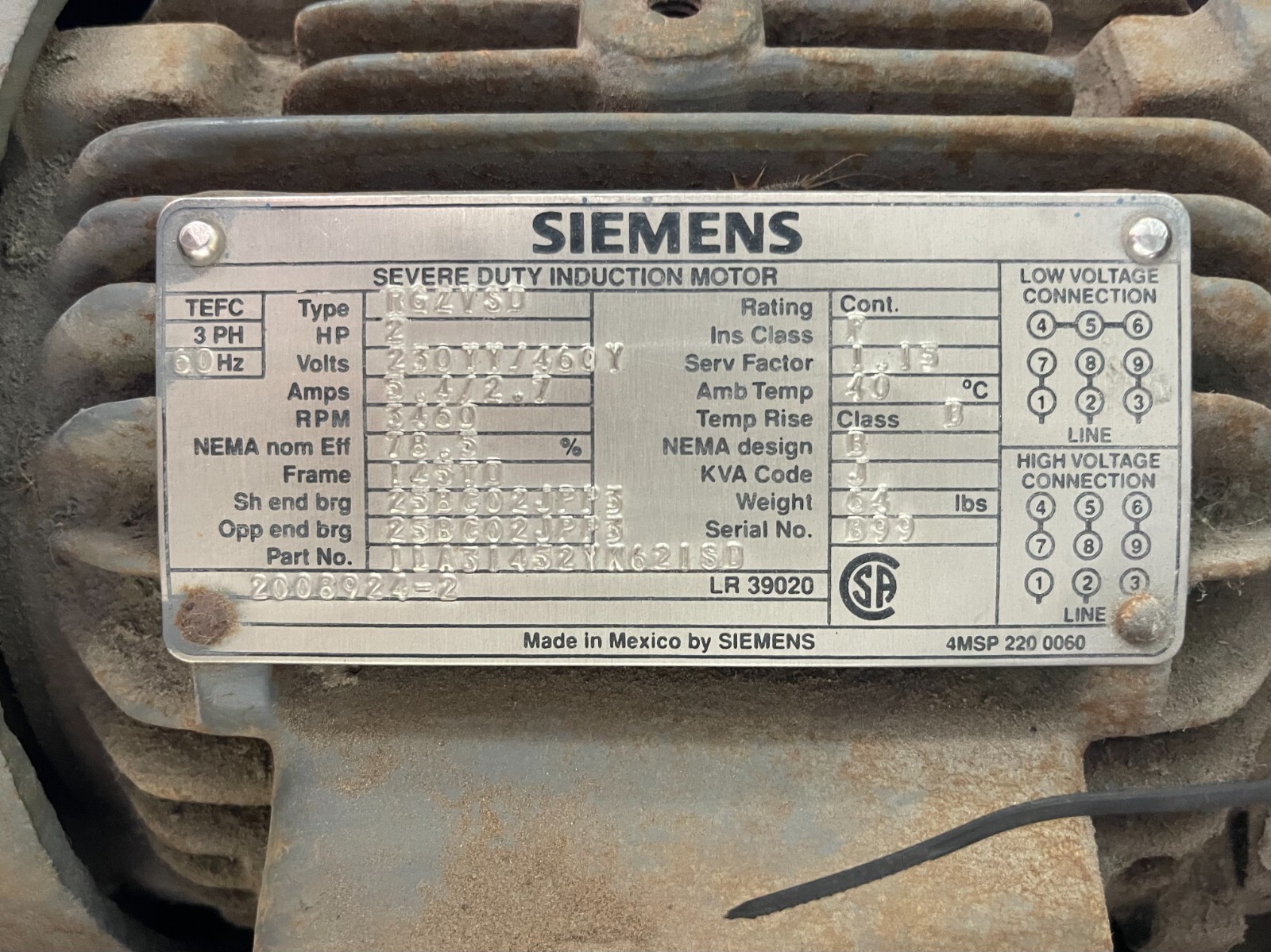 SIEMENS 2 HP VERTICAL MOTOR  230/460 V 3460 RPM FRAME 145TI RGZVSD