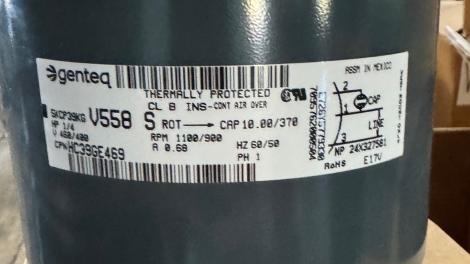 Carrier Genteq Motor 1/4 HP Model HC 39GE 469 VA14F 400/460 V 1100/900 RPM frame