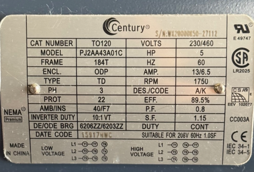 CENTRY Motor 5 HP MODEL PJ2AA43A  ZT4 1750 RPM 230/460 V 13/6.5 AMP 3 PH FR