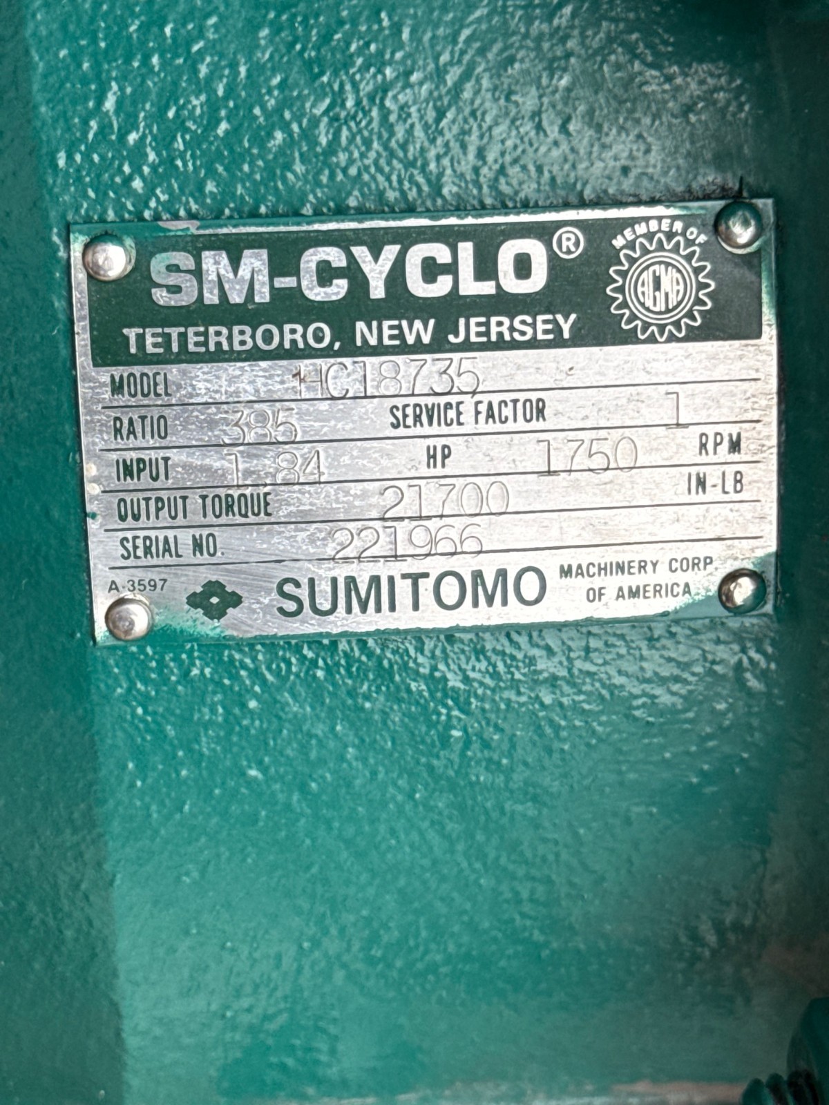 SUMITOMO SM-CYCLO GEAR REDUCER 2XQ MOD HC18735 RATIO 385 TO 1 OUTPUT TORQUE
