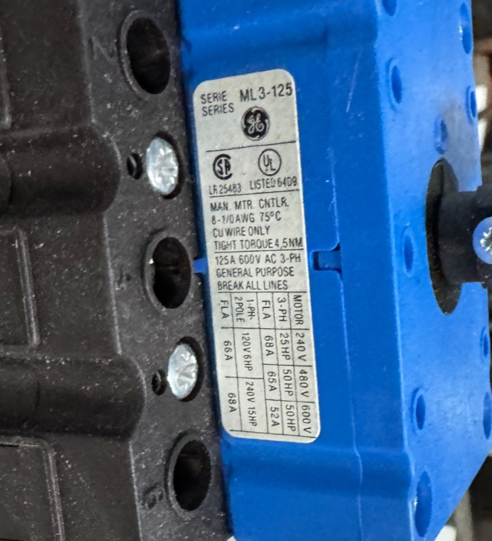GE MANUAL MOTOR CONTROLLER ROTARY SWITCH AD14A ML3-125 240V 480V 600V 68-52 AMP