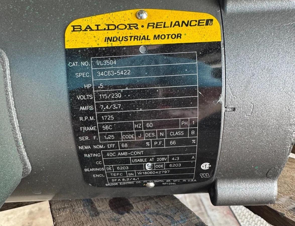 BALDOR MOTOR VV6 1/2 HP MODEL VL3504 1725 RPM 115/230 V 1 PH 7.4/3.7 AMP FR 56C