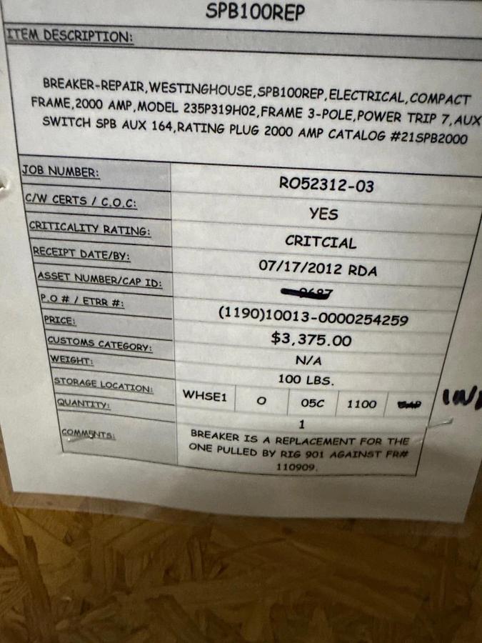 Refurbished WESTINGHOUSE,SPB100- 21SPB2000 COMPACT FRAME 2000 AMP MODEL 235P319H02 FRAME
