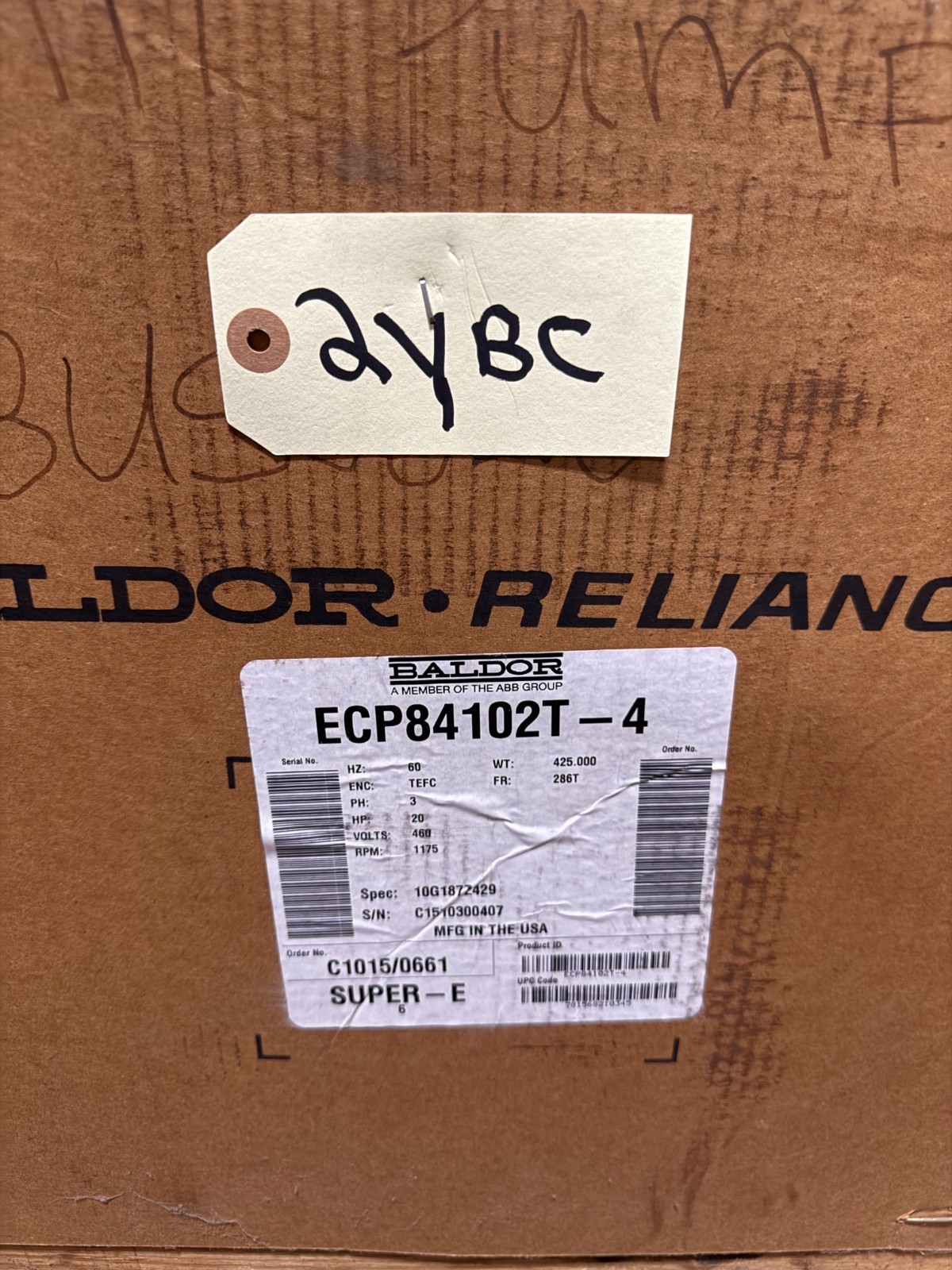 Used BALDOR SUPER E SEVERE DUTY 841XL MOTOR 20 HP MODEL ECP84102T-4 2YBC 1100-1800 RP
