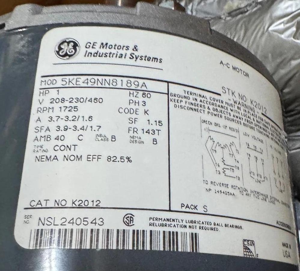 GE 1 HP MOTOR AD5E K2012 5K49NN8189A 1725 RPM 208/230/460 V 3.6/1.9 AMP FR 143T