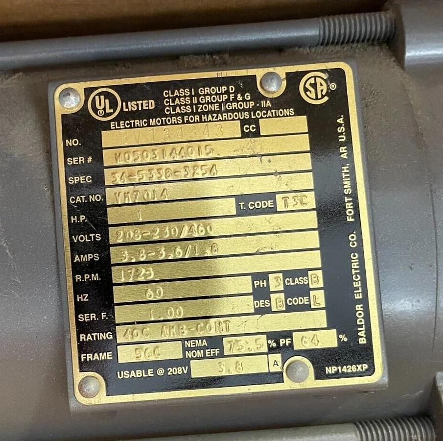 BALDOR 1HP EXPLOSION PROOF MOTOR 1725 RPM 208-230/460 V FRAME 56C VM7014