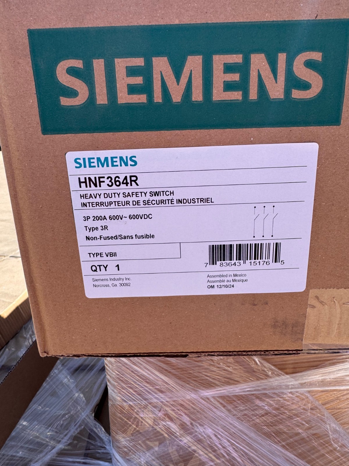 SIEMENS HEAVY DUTY SAFETY SWITCH 3 P 200 AMP MOD HNF364R