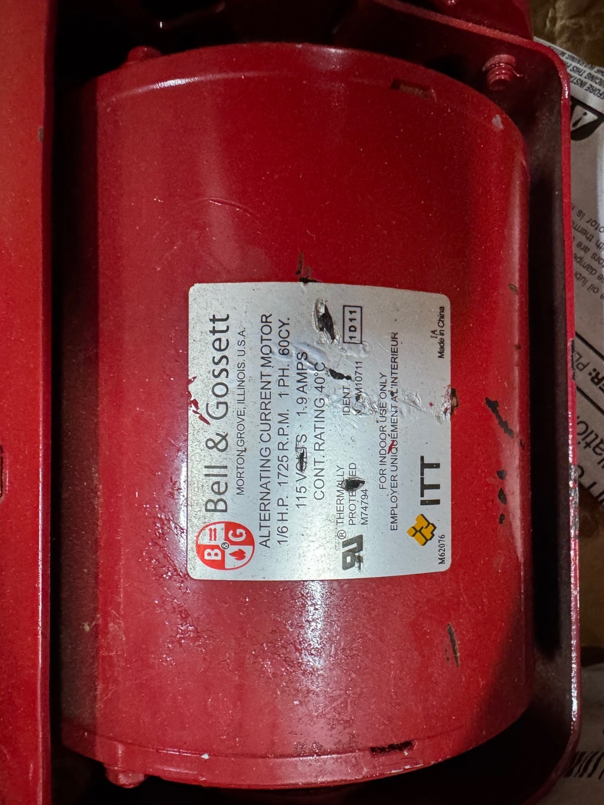 Bell & Gossett 1" X 11/2" X 7" PUMP MODEL W02210 HV IB VA17D 1725 RPM 1/6 HP