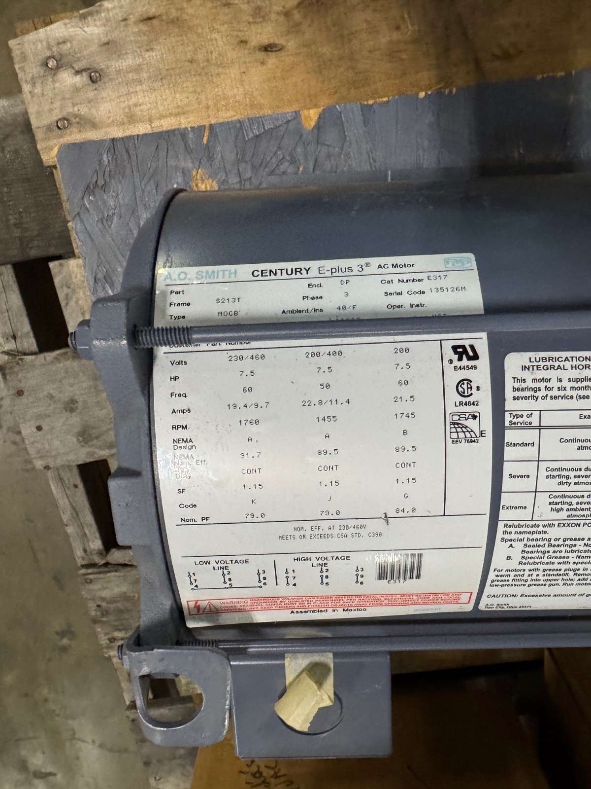 AO SMITH CENTRY E PLUS 3 Motor 7.5 HP MODEL E317 VA10A 1765 RPM 230/460 V