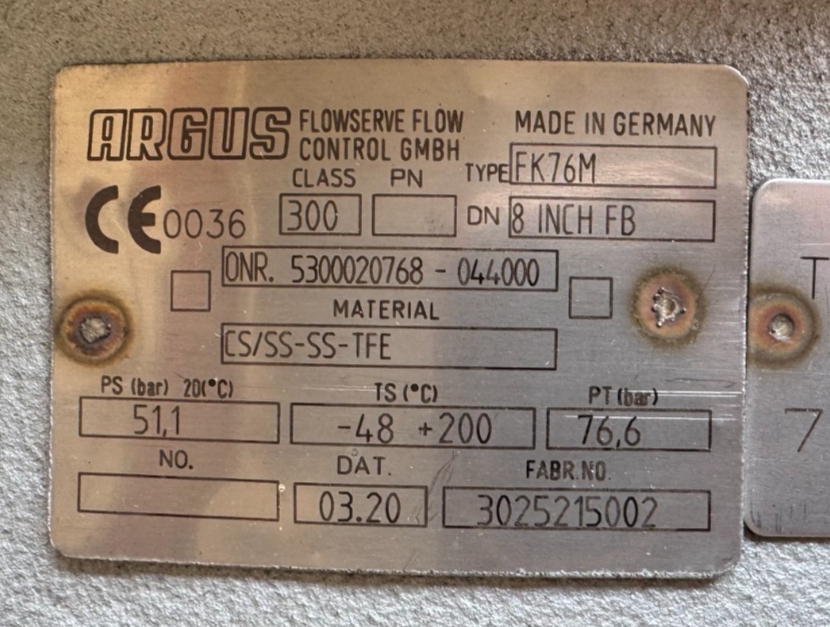ARGUS 8" 300 RF FP BALL VALVE FK76M V1 W LIMITORQUE ACTUATOR  LPS-15A-385B-F03-3
