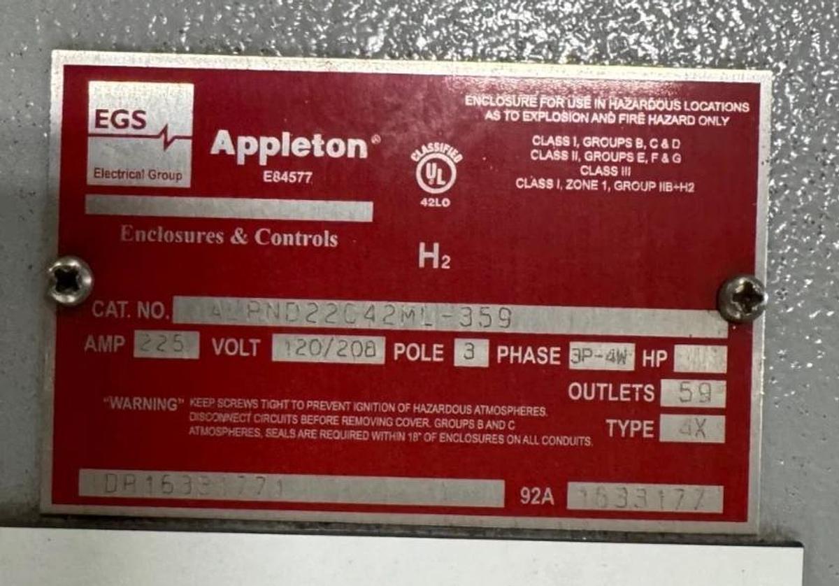 APPLETON/EGS 225 AMP AD7 EXPLOSION PROOF BREAKER PANEL ALPND22C42ML-359 120/208V