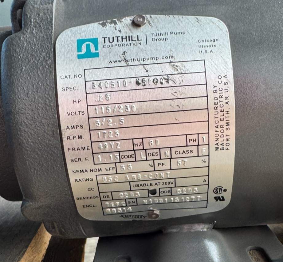 BALDOR TUTHILL MOTOR CC2 1/4 HP MODEL 34C510-690O01 1725 RPM 115/230 V 5/2.5  AM