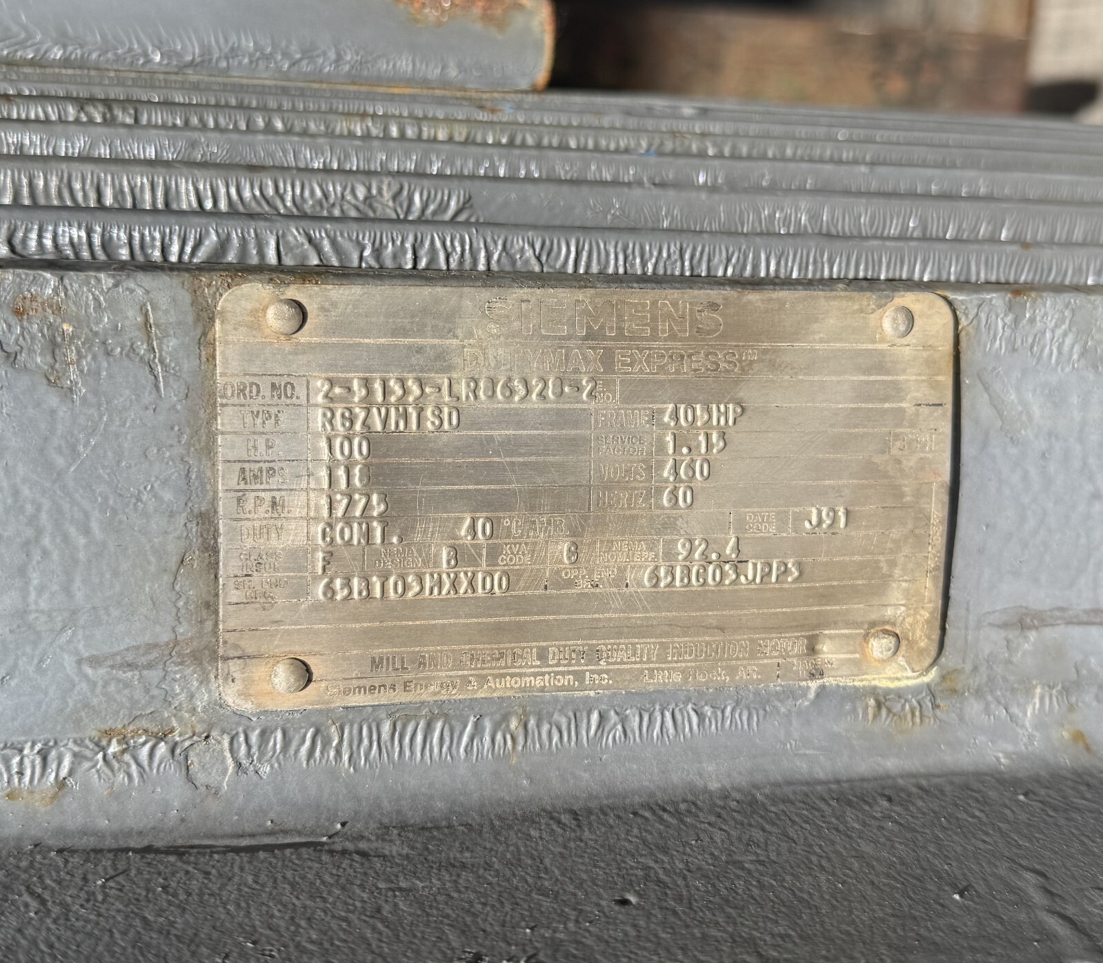 SIEMENS MOTOR B 100 HP MODEL RGZVMTSD 1775 RPM 460 V 118 AMP 3 PH FR 405HP