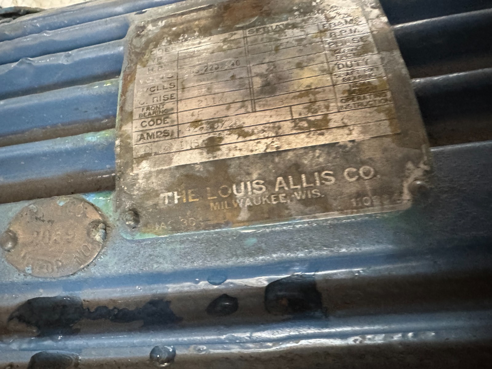 LOUIS ALLIS MOTOR X 15 HP MODEL CJXC 1770 RPM 208-220/440 V 3 PH 42/20AMP F 284U