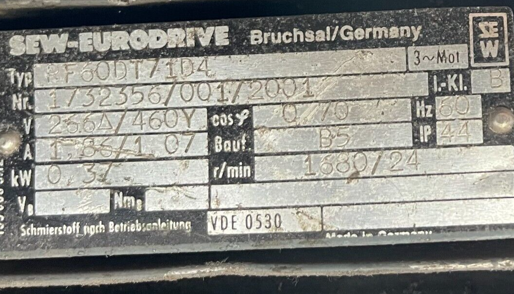Sew Eurodrive Gearmotor .37 KW 266/460V 1680/ 24 RPM PF60DT71D4