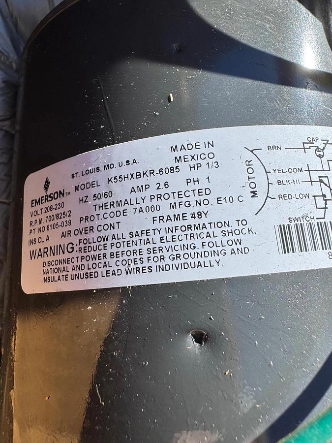 EMERSON MOTOR 1/3 HP XB4 208-230 V 1 PH 2.6 AMP 208/230 RPM FRAME 48Y