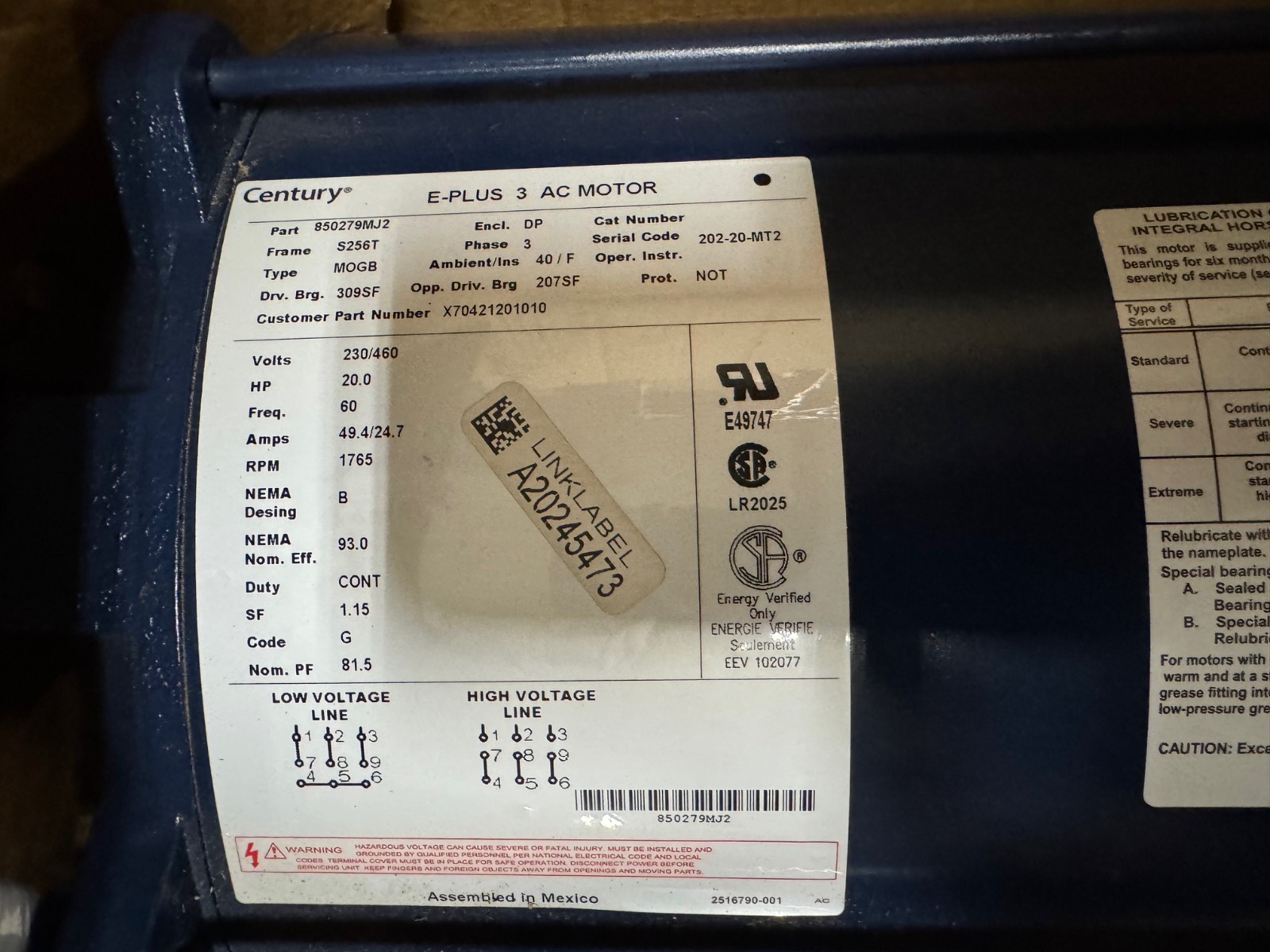 BALDOR 20 HP MOTOR XA3  MODEL M4112T 870 RPM 230/460 V 3 PH 165 AMP FR 324T