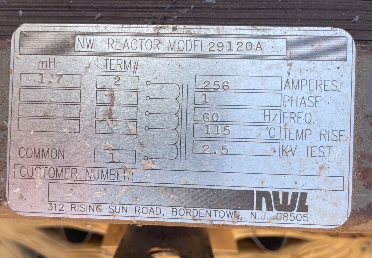 Current Limiting Reactor Model 29120A 1.7 MH 256 AMP 1 PH 2.5 KV TEST