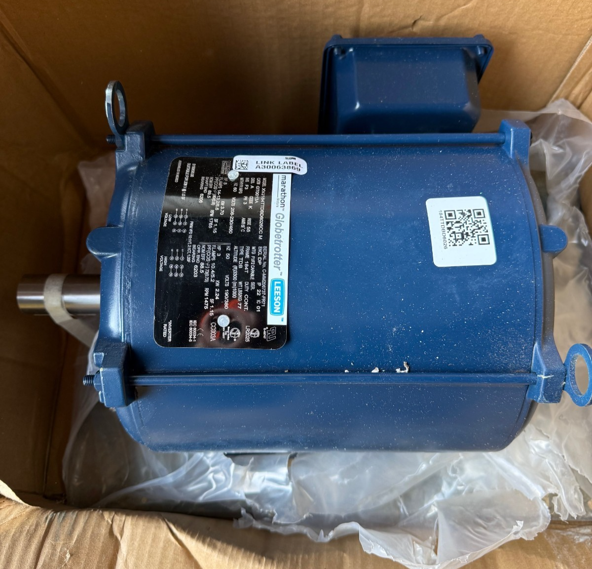 LEESON GLOBETROTTER MOTOR 5 / 3 HP  ZU2 MODEL GT0013A ZU2 1760/1475 RPM 230-460
