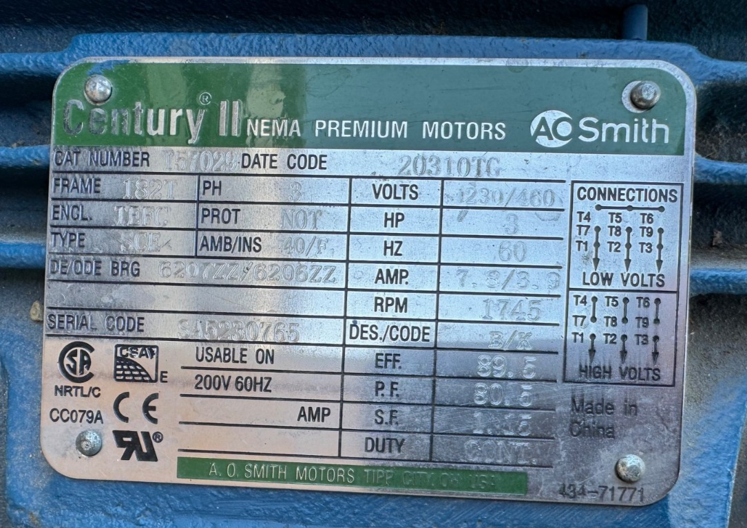 AO SMITH CENTRY II Motor 3 HP MODEL T57029 WA10B 1745 RPM 230/460 V7.2/8.9 AMP