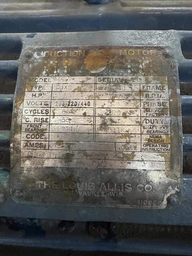 LOUIS ALLIS MOTOR X 15 HP MODEL CJXC 1770 RPM 208-220/440 V 3 PH 42/20AMP F 284U