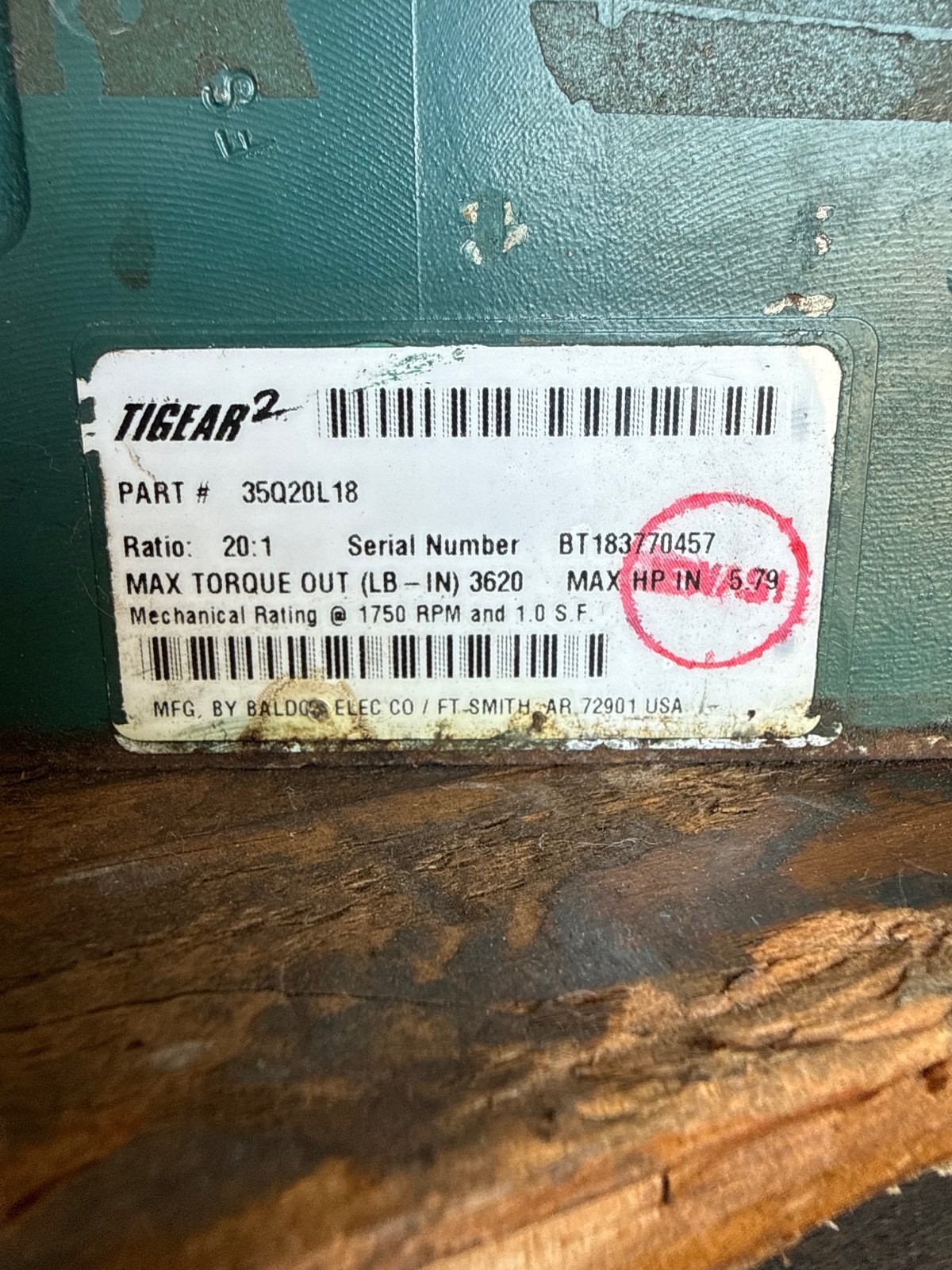 TIGEAR/2 BALDOR GEAR REDUCER 1XWA MOD 35Q20L18 1750 RPM 20 TO 1 RATIO 5.79 HP